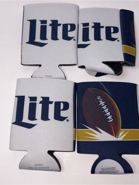 Miller Lite Beer Koozies Set of 4 Football One Side Lite Other Side White Blue